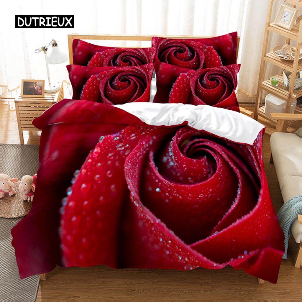 Povlečení červená růže Povlak na přikrývku/přikrývku Pouzdro na polštář 3D HD Double Full King Queen Twin Single 3/2KS Polyester Povlak na přikrývku