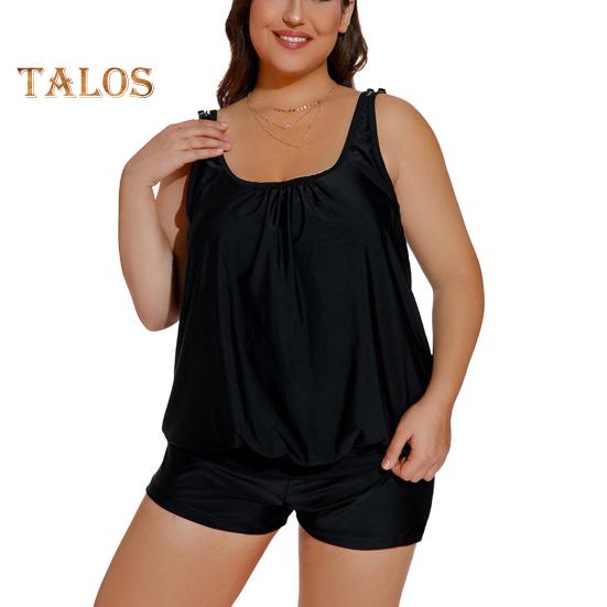 2Pcs/Set Women Tankini Set U-neck Sleeveless Tops High Waist Swimming Trunks Set Split Design Beach Vacation Wear