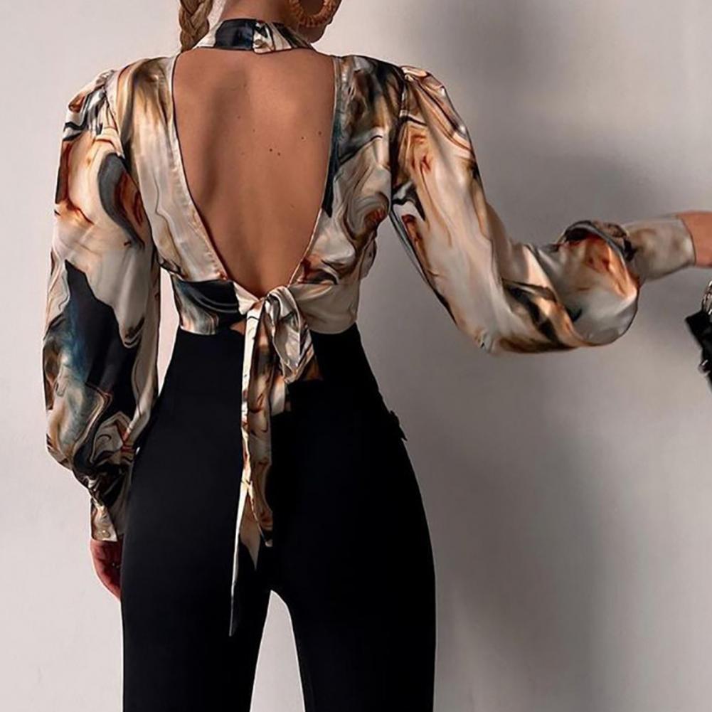 Elegante Blusa da Donna Casual Stampa Barocca Manica a Lanterna Arricciata Top Senza Schiena Manica Lunga Camicie da Festa Femme Abbigliamento da Lavoro