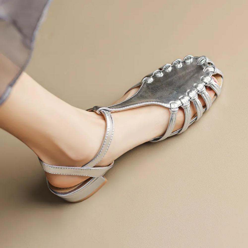 Sapatos Sandália Feminina Mulheres Meninas Bege Novo Verão Conforto Baixo Retrô Flat Tira Traseira Salto Quadrado Borracha PU Escândalos Sólido C