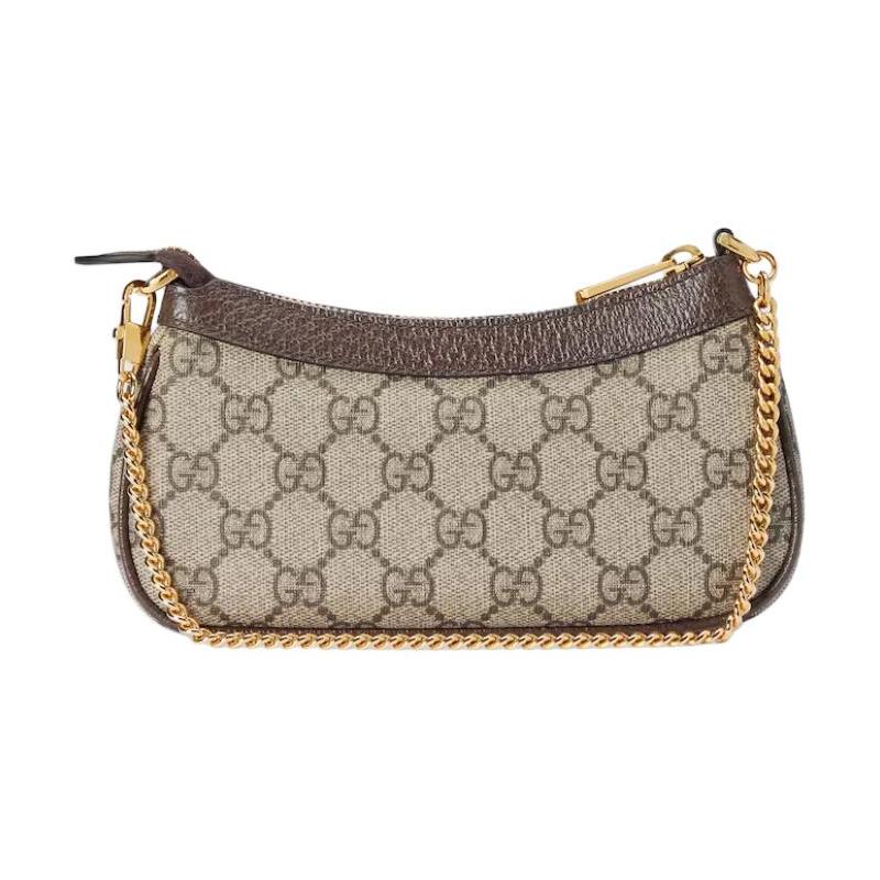 Gucci Ophidia Double G Gold Hardware Brown Leather Trim Handbag Mini Women's Beige and Ebony