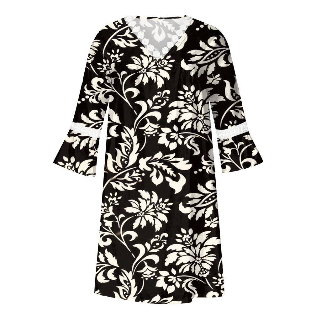 Fashion Women's V-neck Printed Lace Patchwork Bohemian Casual Resort Dress