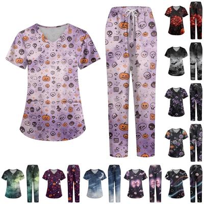 Women's Halloween Print Set V-Neck Short Sleeve Top with Pockets and Pants