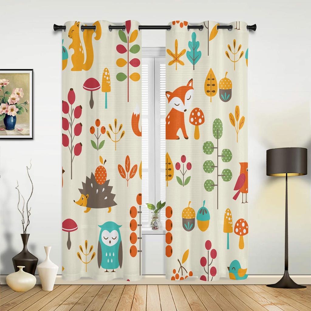 Animal Bird Fox Forest Winter Birch Tree Window Curtains Home Decor Living Room Curtains Kid's Room Cortinas For Kitchen Bedroom