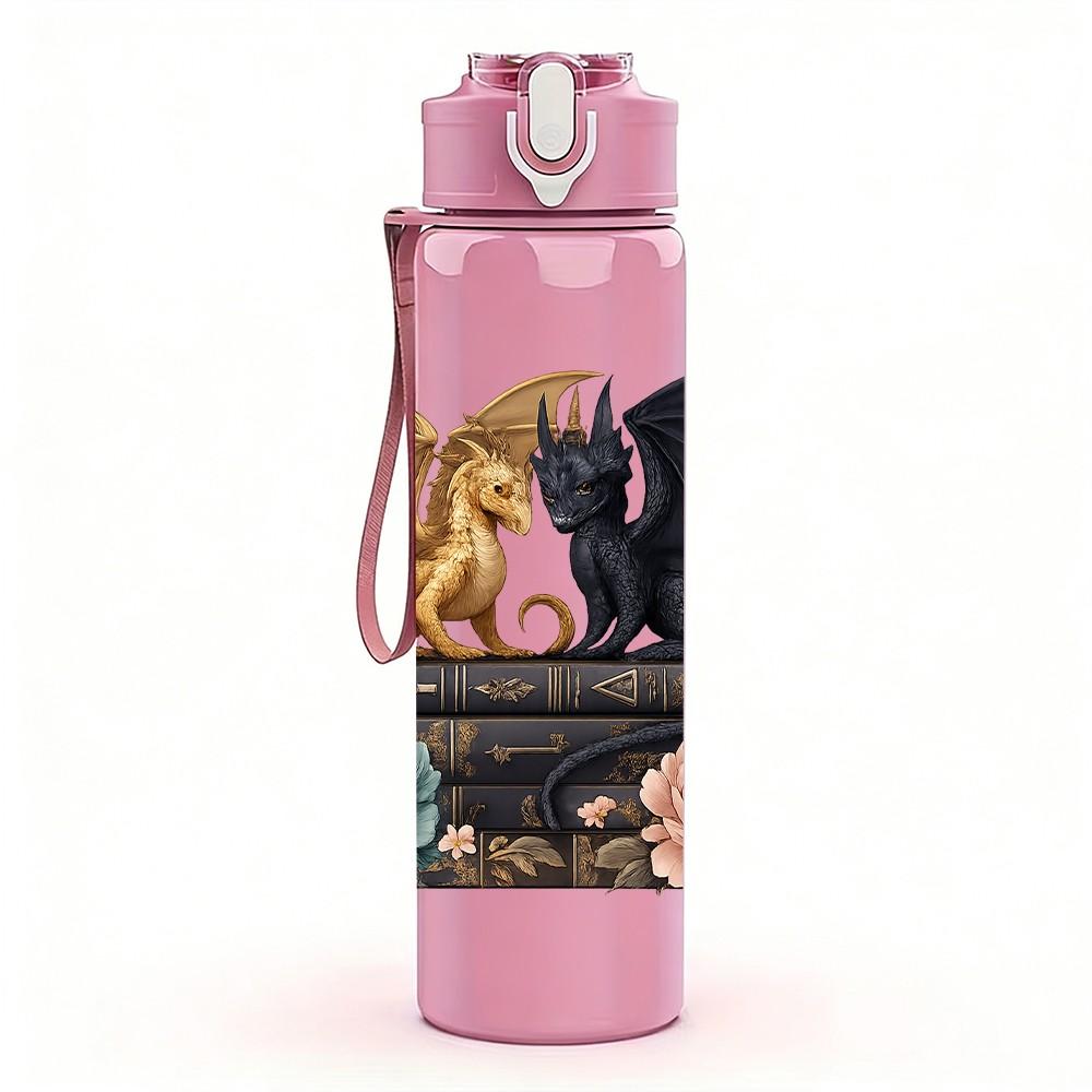 1PC Dark Dragon Book Floral Art 750ml Color Plastic Sports Water Bottle Leakproof Flip Straw Lid Suitable for Sports Office Home Use