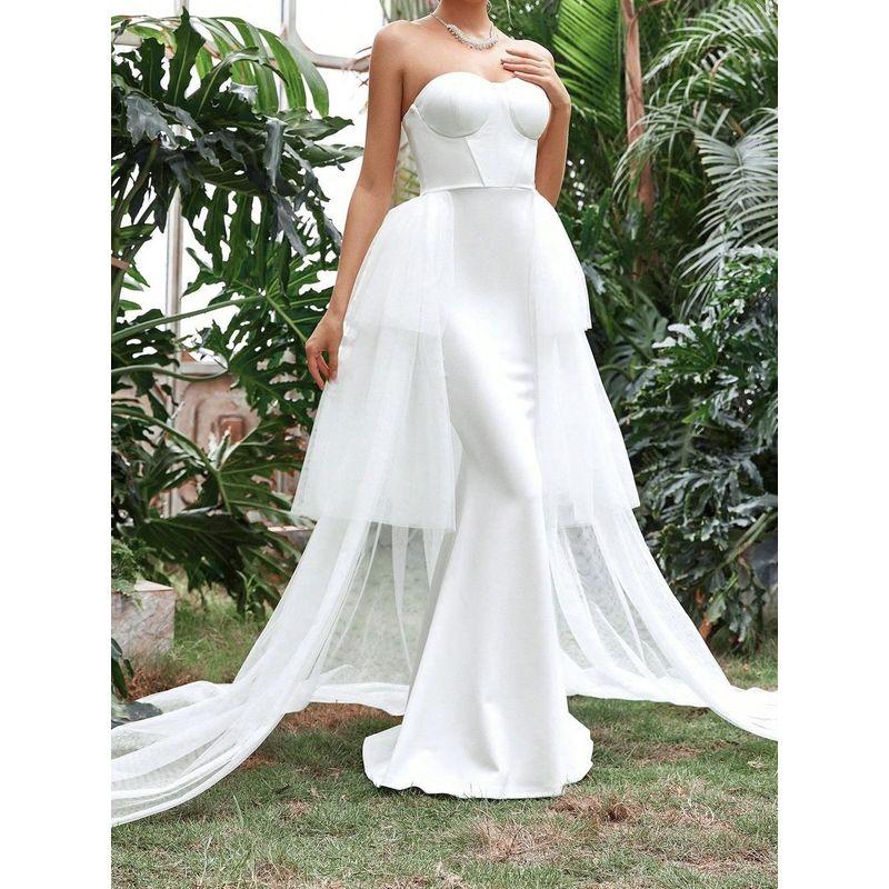 Export Single Graceful and Fashionable Bandeau Sexy Adult Lady Like Woman Banquet Evening Gown Light Wedding Travel Shoot Mesh Trailing Dress