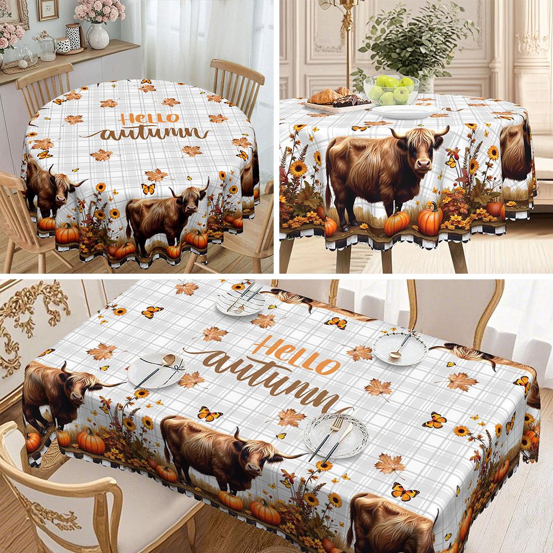 Hello Autumn Autumn Buffalo Pumpkin Butterfly Plaid Tablecloth, Deciduous Pastoral Table Cloth Decoration. round tablecloth-152x152cm