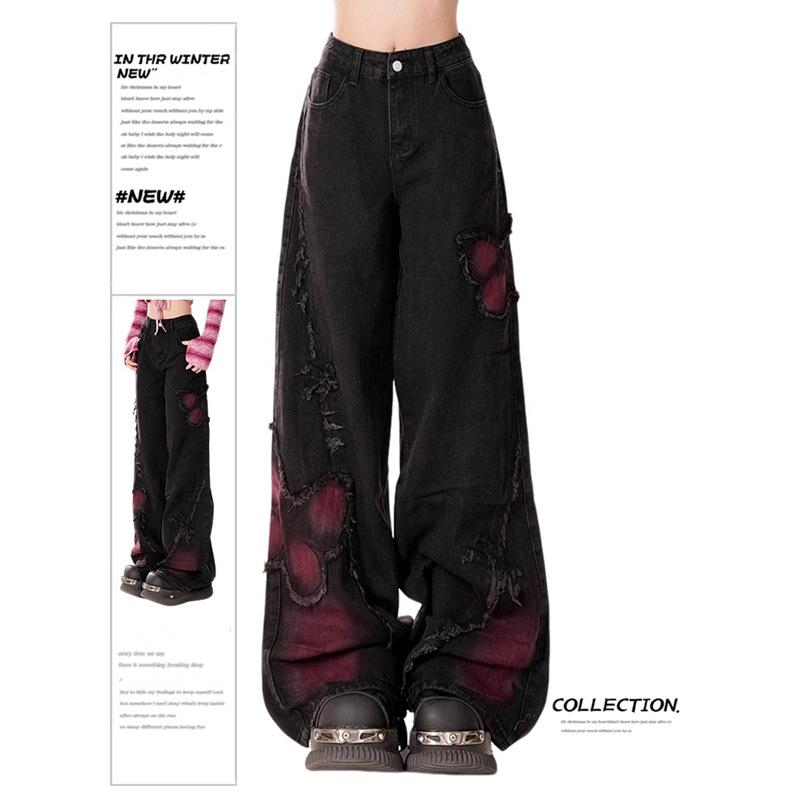 Schwarze Jeans Damen Gewaschen Alt Rohkanten Weiter Bein Hosen Mode Einzigartig Entspannte Weiter Bein Silhouette mit Strapazierfähigem Stoff, All-Match Jeans