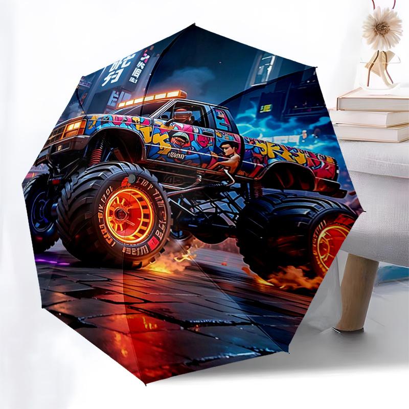 Monster Truck Themen-Reiseregenschirm mit 8 Speichen, Automatisches Öffnen und Schließen, Tragbares faltbares Design, Kompakter und stilvoller Schirm geeignet für
