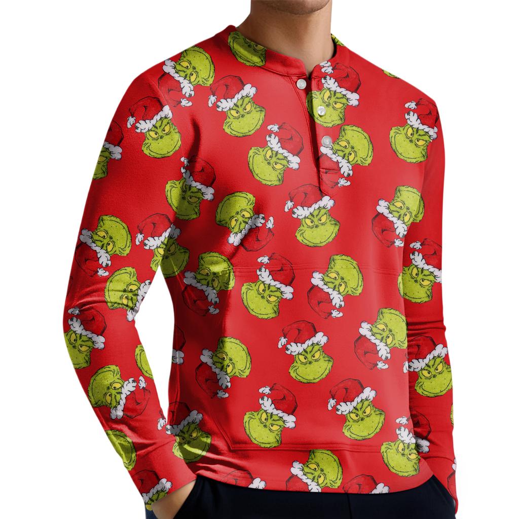 Pánská ležérní mikina na knoflíky, módní potištěná košile s dlouhým rukávem, pulovr