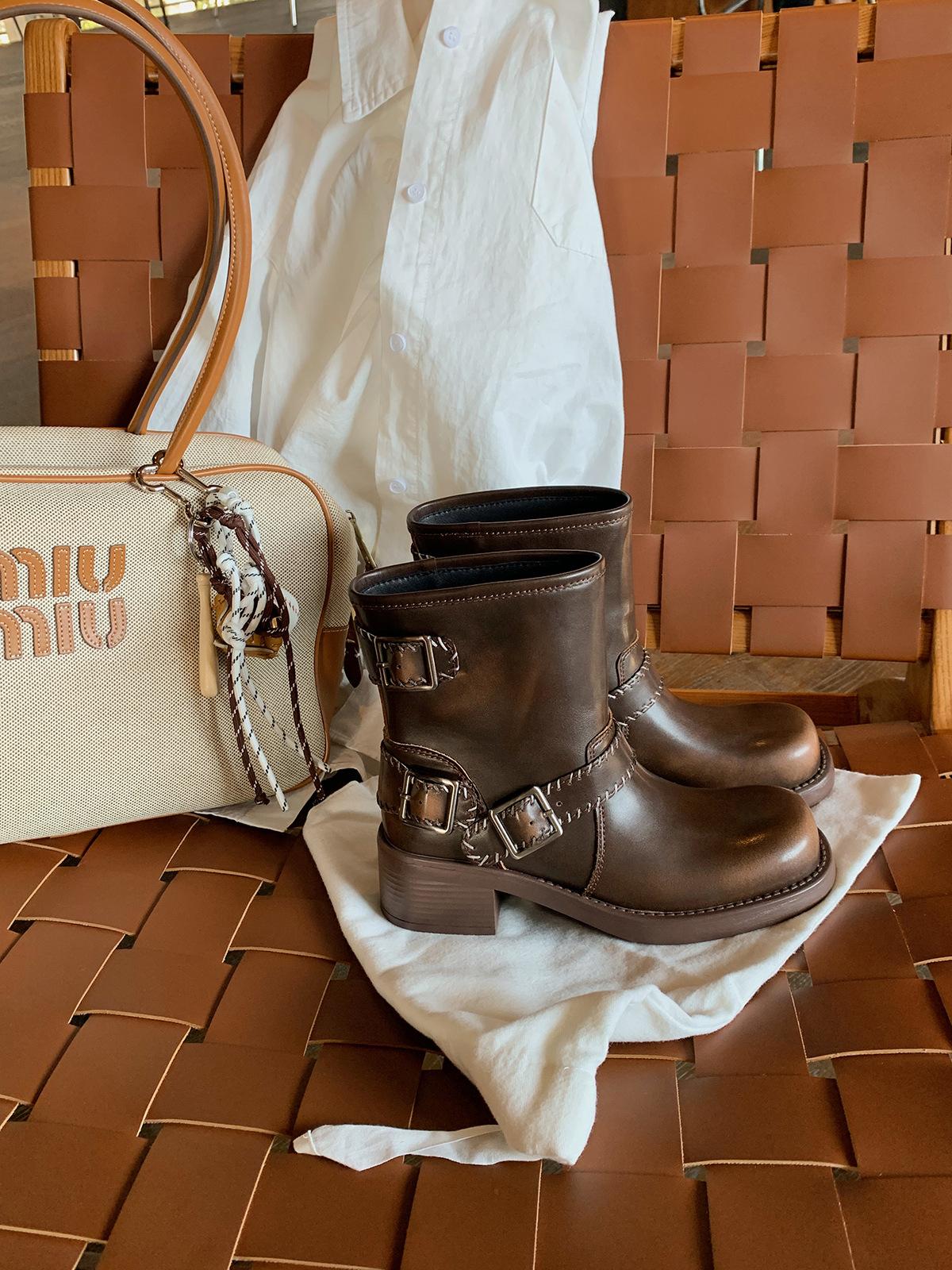 

Cowhide version grape mother same Martin boots women s British style round head thick heel heightening western short boots retro locomotive boots 40