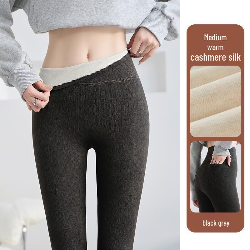 Women's Slim Fit Cashmere Silk Fleece-Lined Winter Pants with Pockets