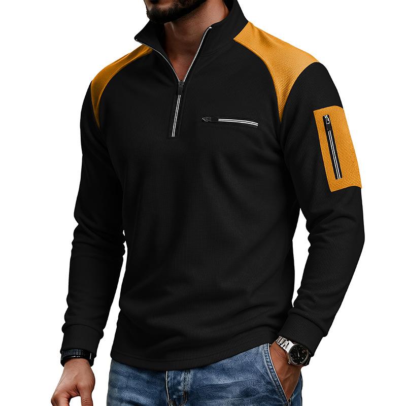 Men Waffle Knit Sweatshirt Quarter Zip Stand Collar Pullover Color Block Long Sleeve Tops Casual Streetwear Hoodie