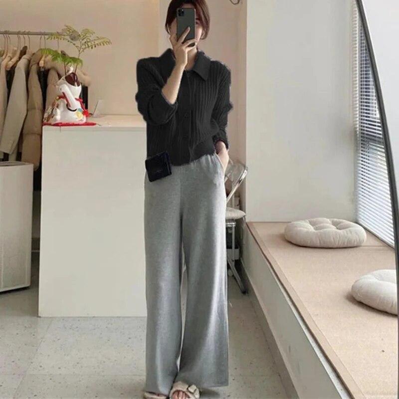 Korean Fashion Solid Color Knit Cardigans Tops Women 2024 Turn Down Collar Sweater Coats Woman Long Sleeve Chic Soft Slim Knit Cardigan Jacket Female