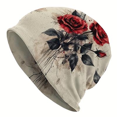 1pc Bohemian Rose Knit Beanie Hat for Men & Women - Vintage Burgundy Rose Pattern, Lightweight Stretchable, Unisex Winter for halloween/Christmas/Chin