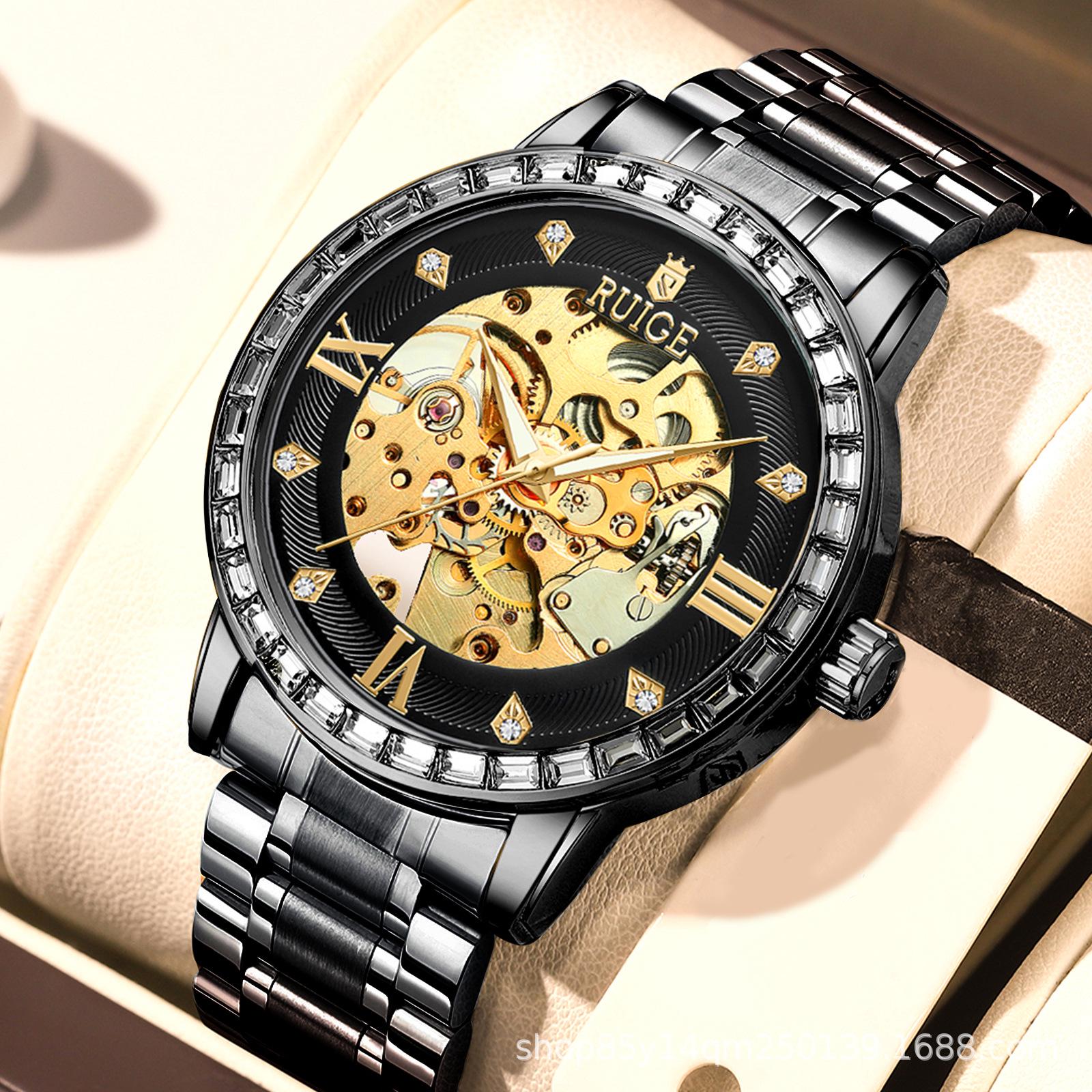 RUIGE Men s Automatic Skeleton Watch, Stainless Steel, Diamond Inlaid, Luminous, Waterproof, Trendy.