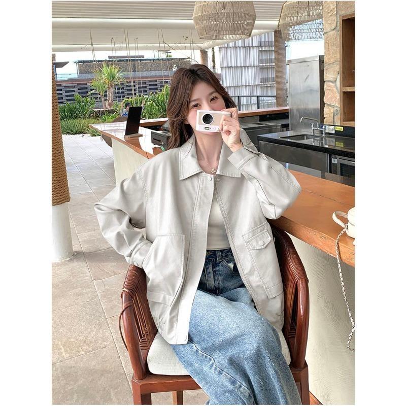 Solid Color Zipper Pocket Cardigan Women Autumn Winter Casual Simple Lapel PU Leather Jacket