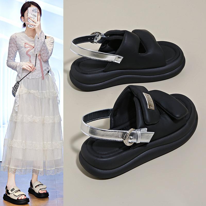 

High-end open-toed sandals women s spring and summer 2025 new beach shoes seaside fashion not tired foot muffin Rome 35 чёрный