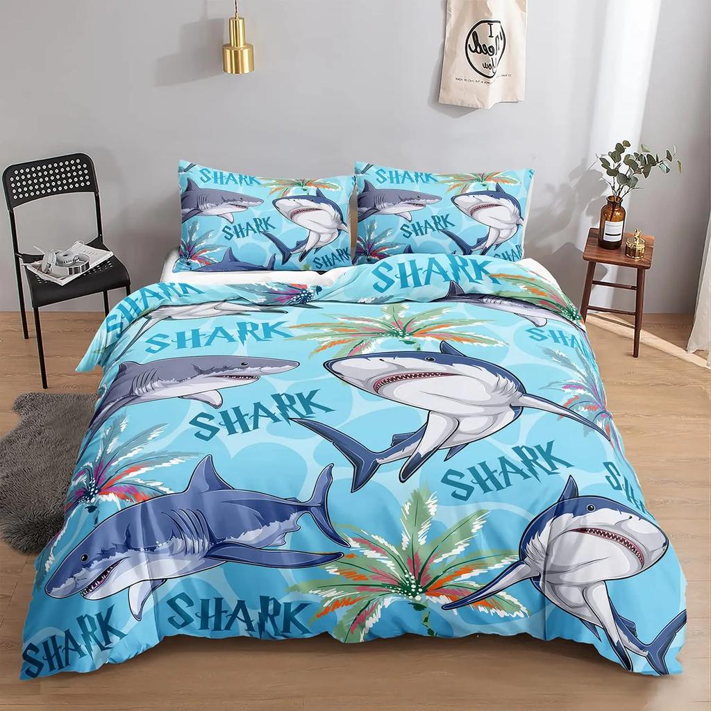 Shark Duvet Cover Ocean Watercolor Fish Quilt Cover Sea Animal Marineland Theme Decoration Bedding For Children Boys Girls Gifts