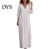 Casual Wear Dress Bohemian Ruffle V-Neck Long Dress, 3/4 Sleeves Maxi for Breathable Women Dresses Women, Solid Color Loose Spring Fall Relaxed Fit