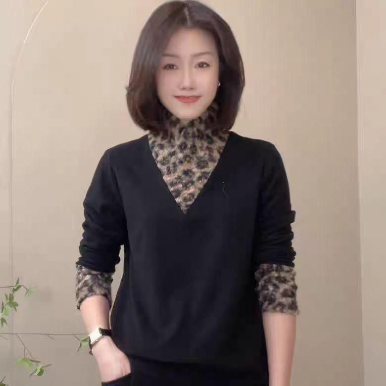 Leopard Print High Neck Slimming Mother's Top - Long Sleeve Patchwork Warm Base Layer