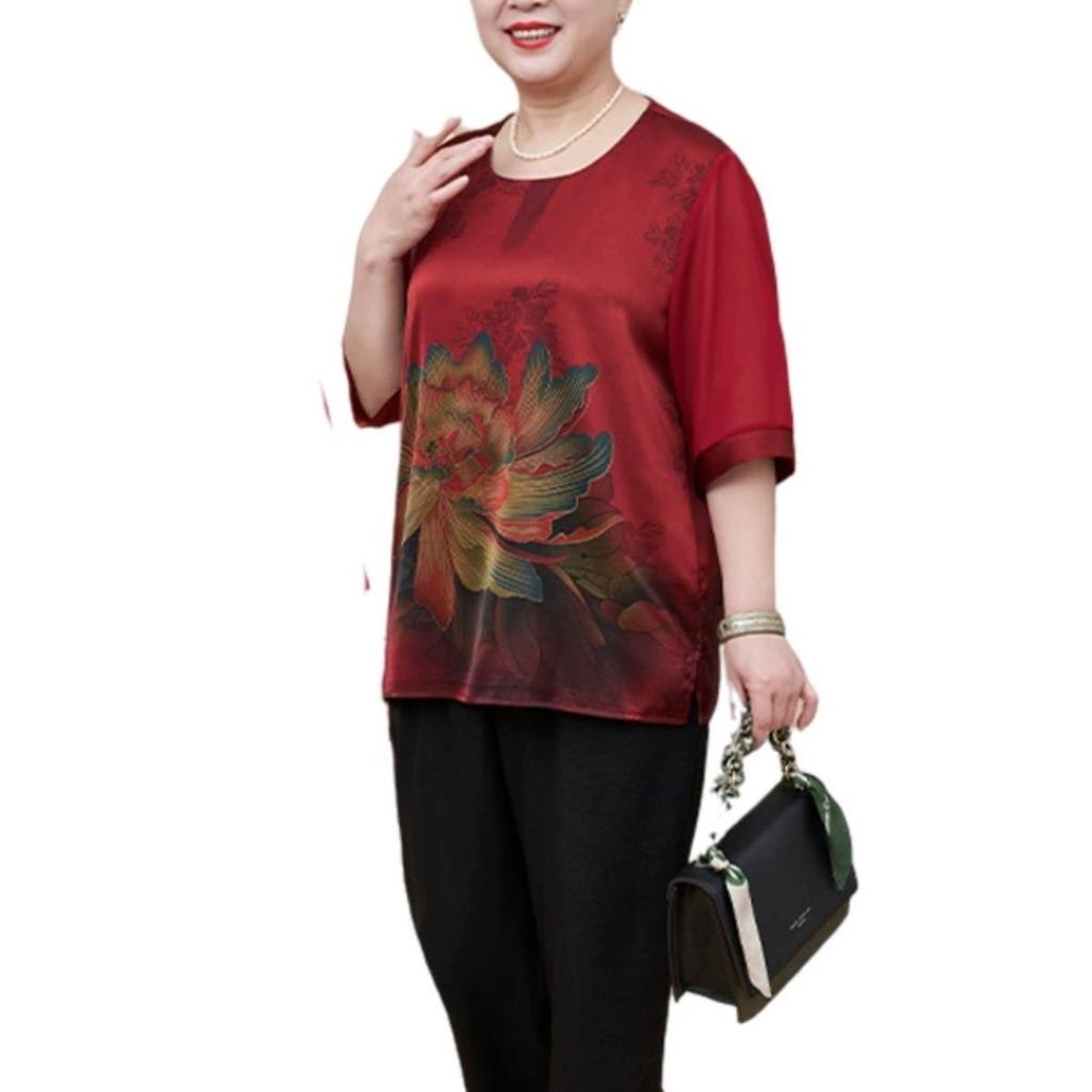 Dwuczęściowy zestaw damski z krótkim rękawem w dużych rozmiarach na lato 2025 - Dopasowany dla kobiet w średnim wieku i seniorek