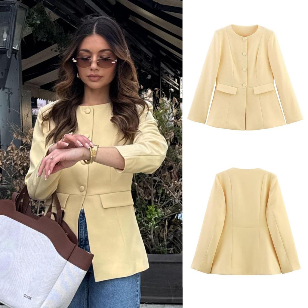 European & American Women's Round Neck Slim Fit Short Blazer with Row Button