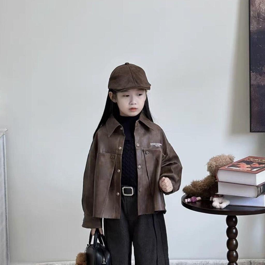 Girls' 2024 Autumn/Winter Sweet Retro Leather Jacket & Sweater Set with Wide-Leg Pants
