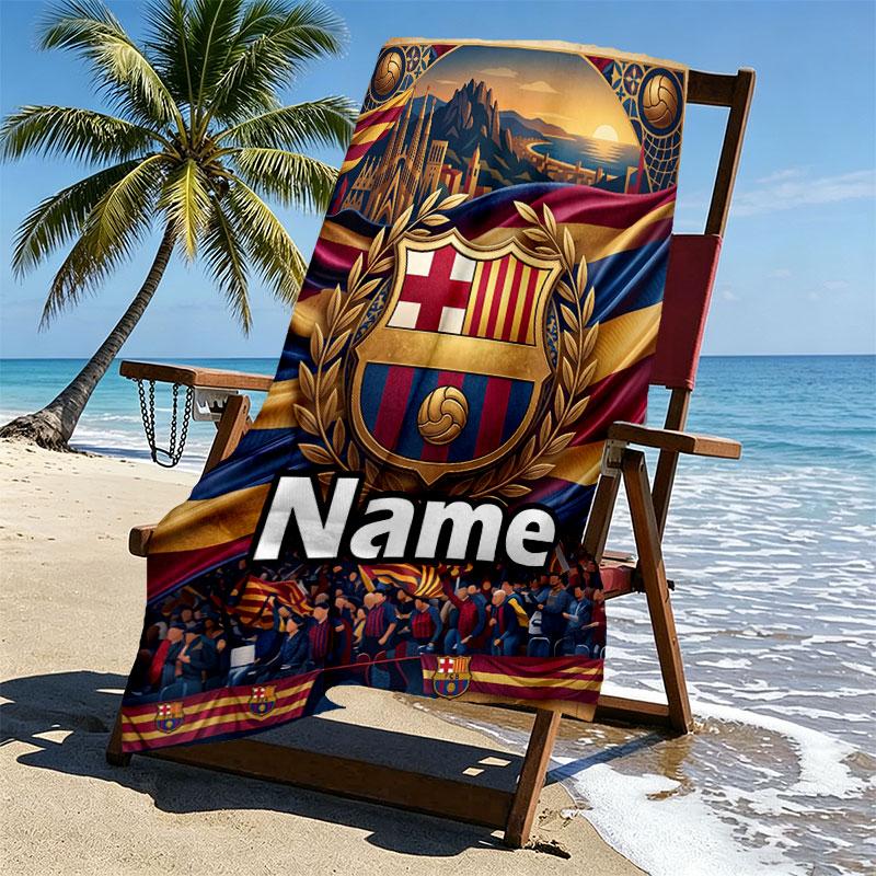 Serviette de Plage Personnalisée avec Nom Club de Football Barcelone, pour Voyage Camping Fête à la Plage Décoration Intérieure, Cadeau d'Anniversaire pour la Famille et les Amis