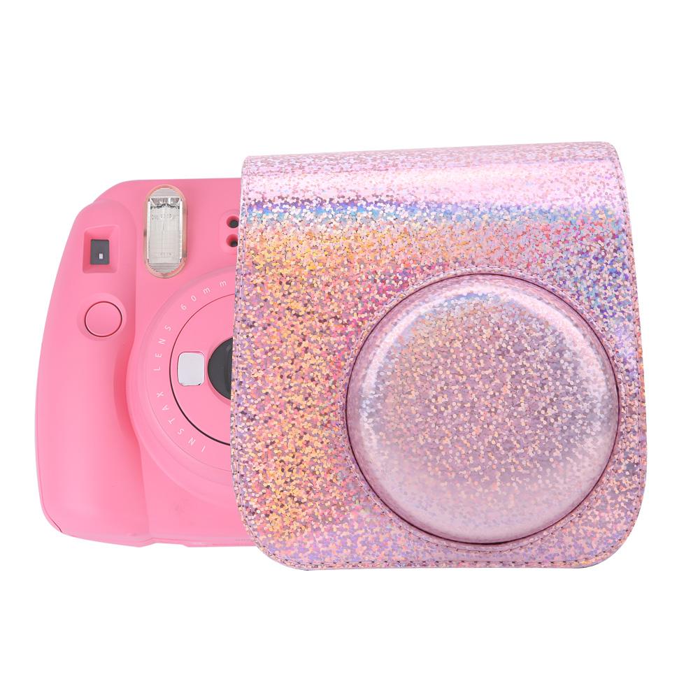Sparkling Color Vintage PU Lther Camera Portable Bag Case  ive Pouch Cover with Shoulder Strap For     8/ 8+/ 9(Sparkling Pink )