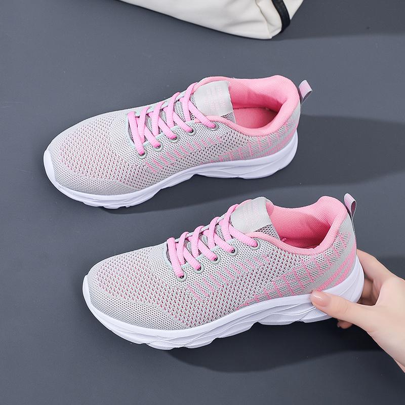 Women'S Casual Shoes  Fashionable And Breathable Walking Mesh Flat Sports Shoes Lace Up Round Toe Black Plus Mesh Running