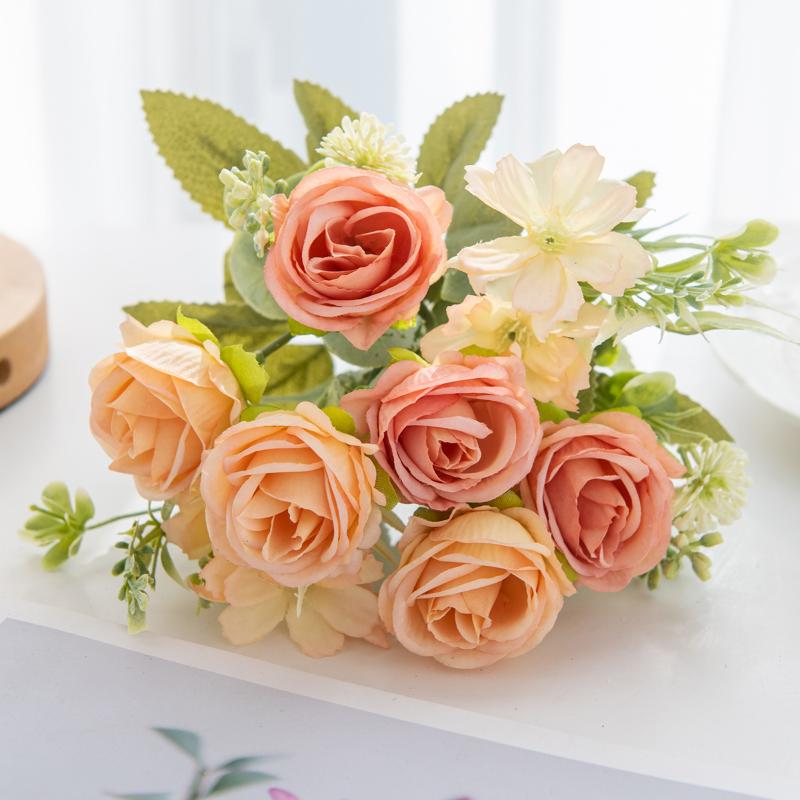 1Pc Artificial Flowers Wedding Home Bedroom Decoration Bridal Bouquet Garden Fake Silk Roses Hydrangeas Vase For Board Outdoors