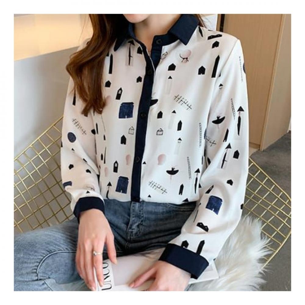 Navava Women Casual Print Color Block Long Sleeve Shirt Nb2284