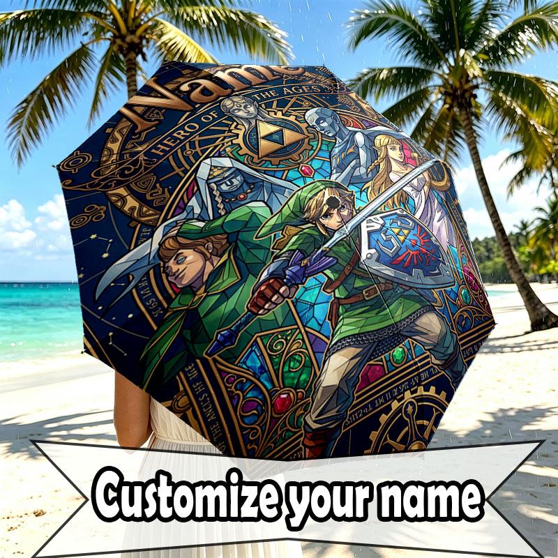 Custom Name Personalized The Legend Of Zelda Print Umbrella, Auto Open Close, 8‑Rib Sturdy Frame, Commute Camping Hiking Use, Birthday Gift