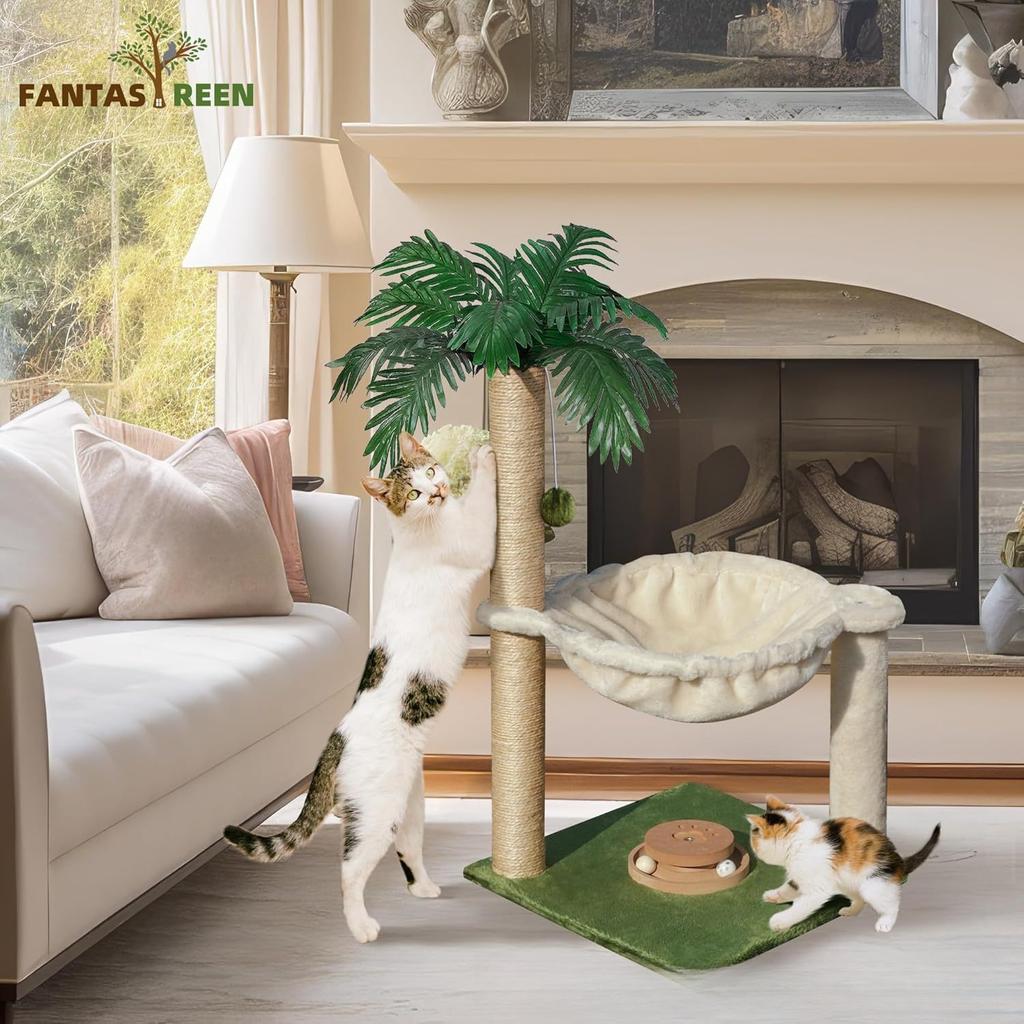 Wooden cat scratching column vertical small cat tree tower with hammock household pet cat climbing integrated frame to relieve boredom toys