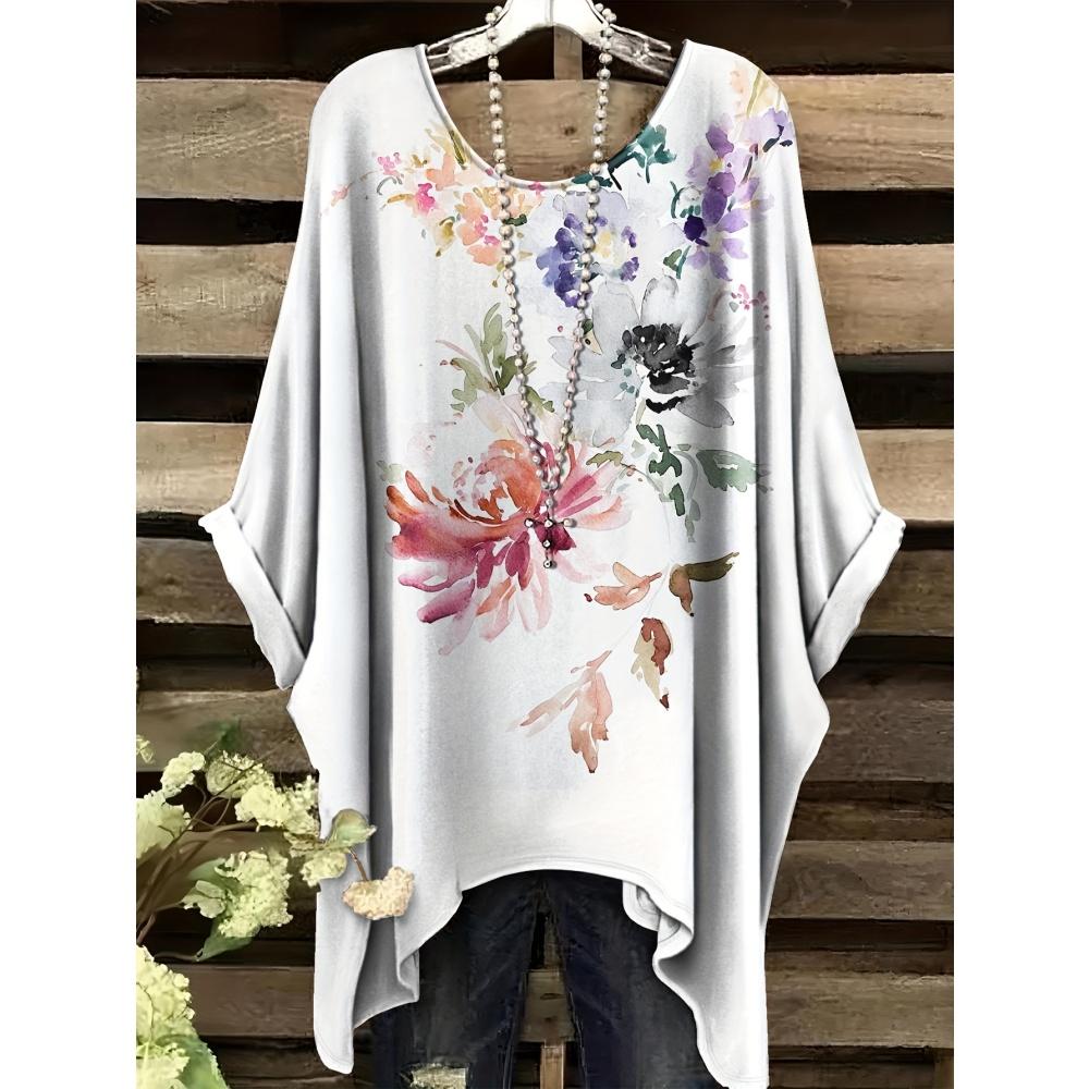 Damen Sommer Böhmisches T-Shirt mit Blumendruck Vintage Helllila Y2k Grafik Rundhals Kleidung Elegant Frau Kurzarm Top