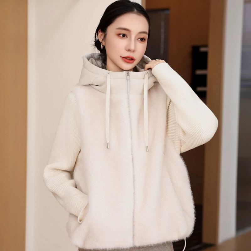 High-end fake two-piece knitted splicing sleeves fluffy hooded short jacket women's small warm cotton clothes trendy