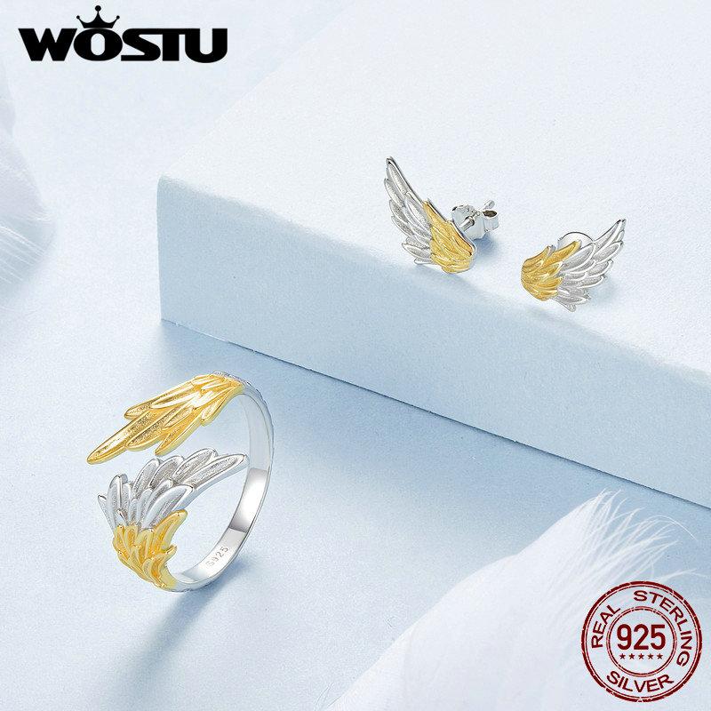WOSTU 925 Sterling Silver 18K Gold Two Tone Angel Wing Ring Stud Earrings For Women Wedding Party Fine Jewelry Anniversary Gift