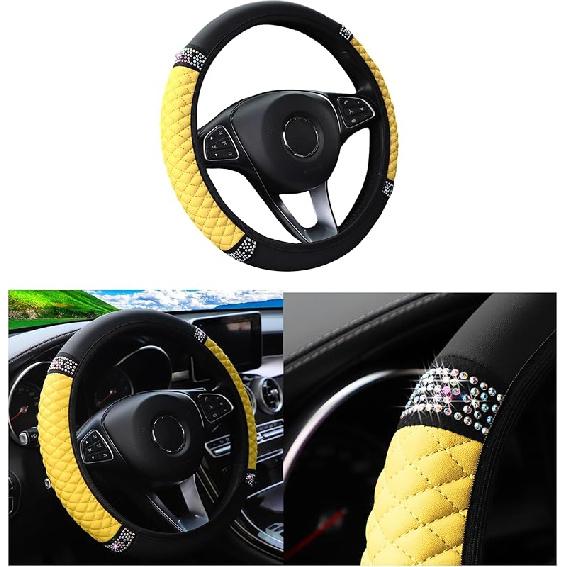 Bling Car Steering Wheel Cover, 15 Inch Rhinestones Soft Leather Elastic Steering Wheel Protector, Sparkly Crystal Diamond For Women Girls, Car