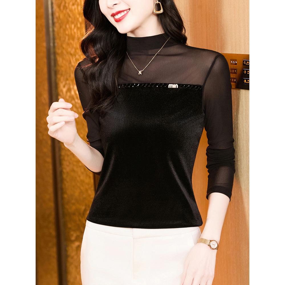 Women's Spring 2026 Light Luxury Beaded Velvet Patchwork Mesh Long Sleeve Top