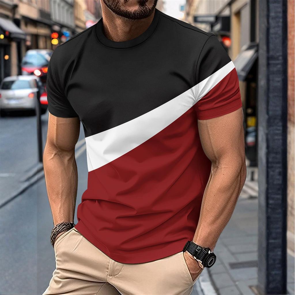 Men's Summer Casual Round Neck Short Sleeve Color Matching Pullover T-shirt Top