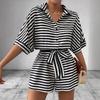 Summer Women Striped Short Sleeve Loose Wide Leg Jumpsuit, Casual One-piece Outfit for Europe USA, Popular Streetwear