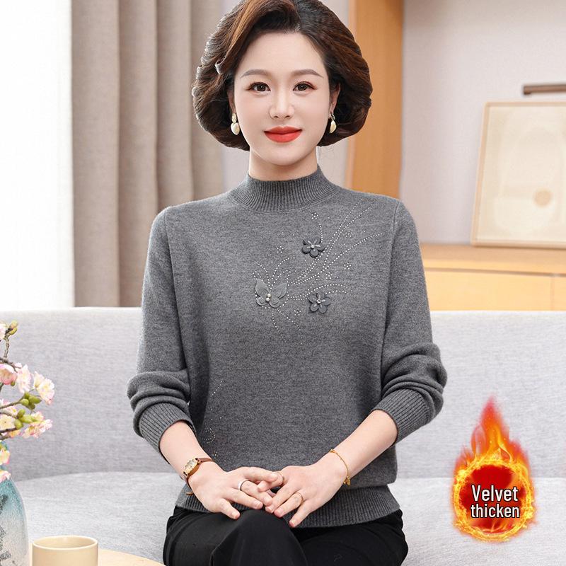 

Mom s Stylish 2025 Knitwear Set: Autumn/Winter Sweater Base Layer for Middle-Aged & Elderly, Plus Velvet Thickness 5XL (150-165 lbs) сірий колір