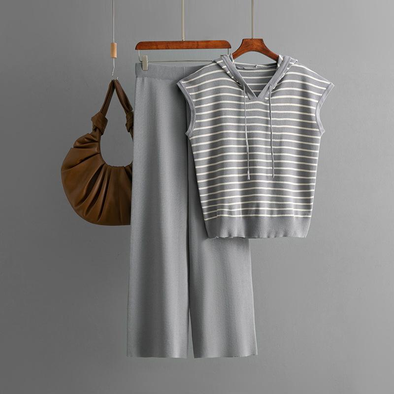Fashion Set Women's Summer Sleeveless Hooded Striped Knitted Top High Waist Wide Leg Pants Two-piece Set