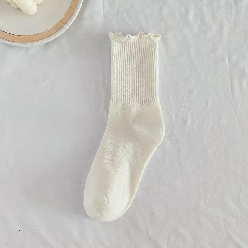 Women Ribbed Mid-Calf Socks with Ruffle Edge Cotton Blend Comfortable Elastic Soft Fabric Durable Seamless Toe Design