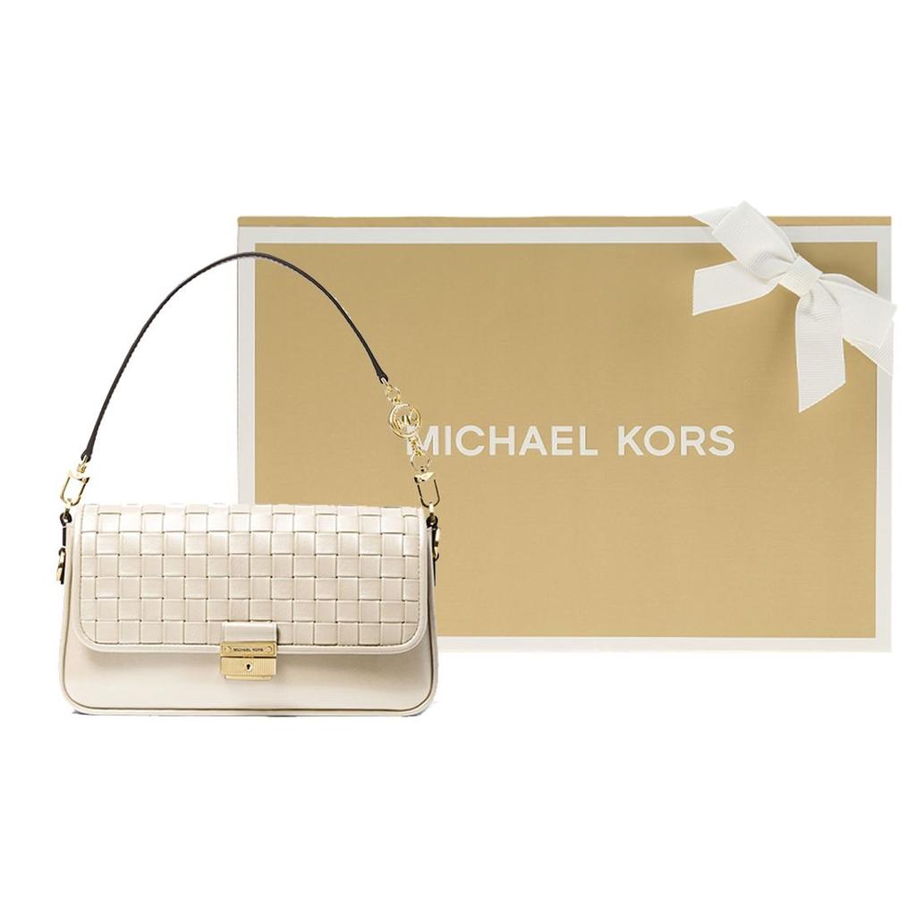 Michael Kors Bradshaw Woven Letter Leather And Faux Leather Baguette Shoulder Bag Women Bags Cream-White 30S1L2BL1T-289
