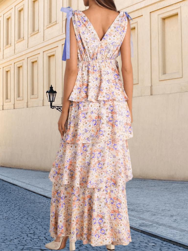 Women's Tie Strap V Neck High Slit Ruffle Tiered Beach Dress