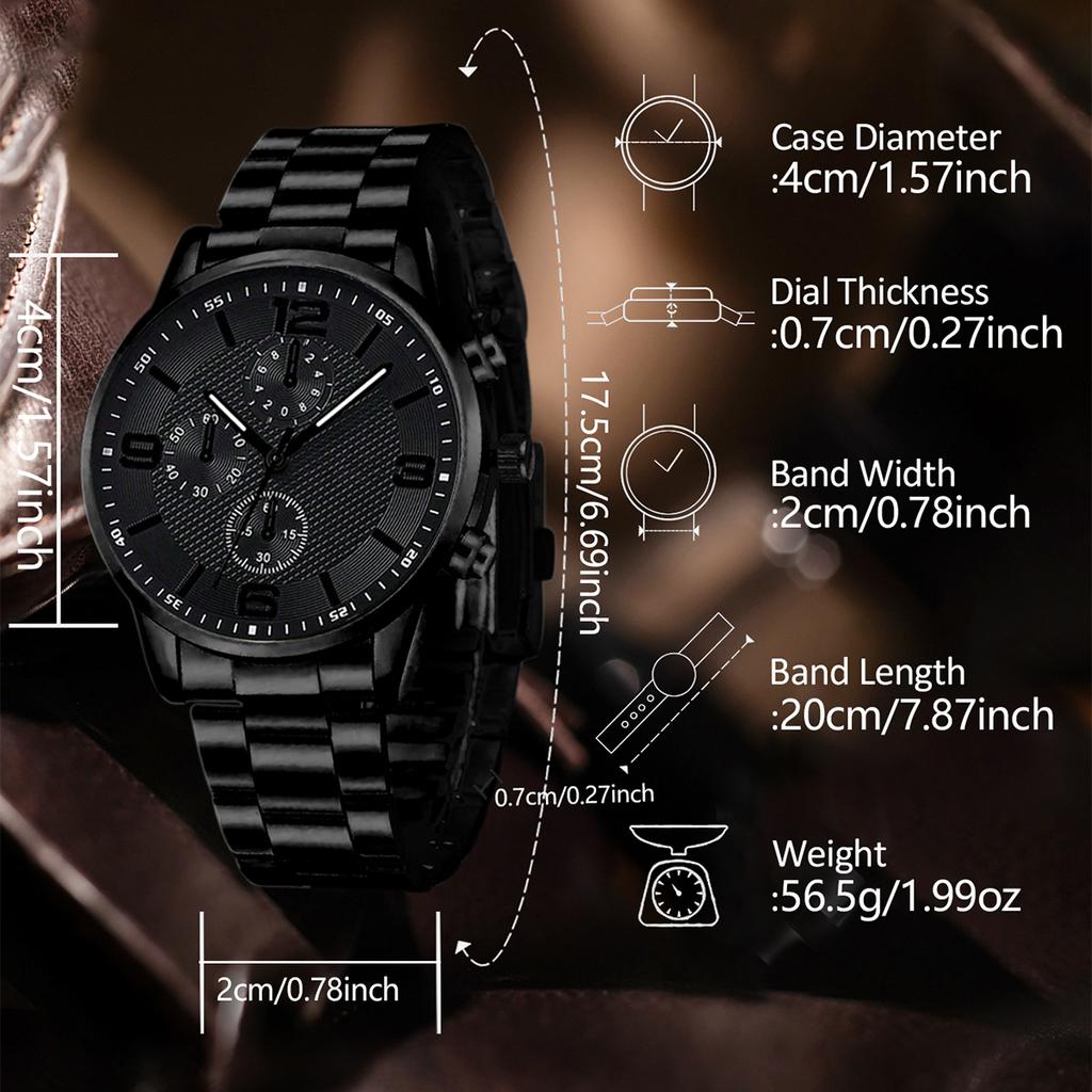 2/4PCS Black Men Watch Set Fashion Classic Three Eye Quartz Watch Jewelry Set Suitable for Daily Clothing Matching Perfect Gift