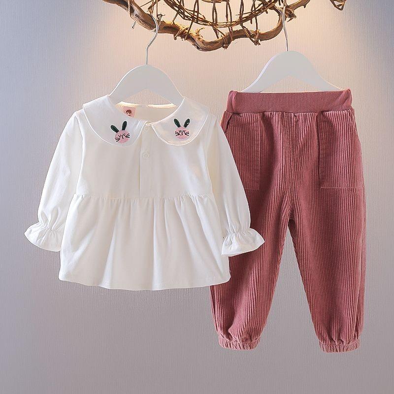 Trendy Corduroy Three Piece Outfit For Girls Comfortable And Chic Kids Apparel White Shirt,110cm 34Y