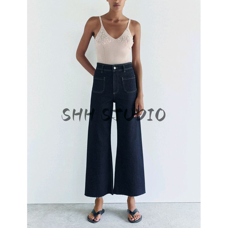 Spring New Women's Clothing Commute Style Metal Button Cotton Blend High Waist Wide Leg Denim 9632259